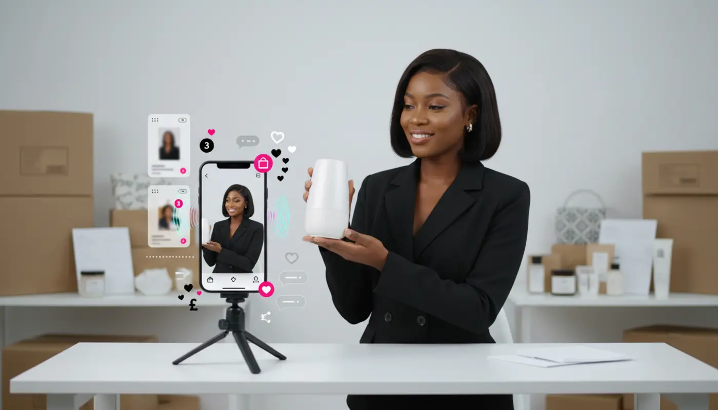 UK TikTok Shop live shopping studio showing product demos, ecommerce sales and fulfilment.