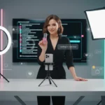 UK TikTok LIVE studio with creator presenting products, clear setup and engagement icons showing structured live selling.