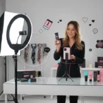 TikTok Shop live host selling products in a clean UK studio