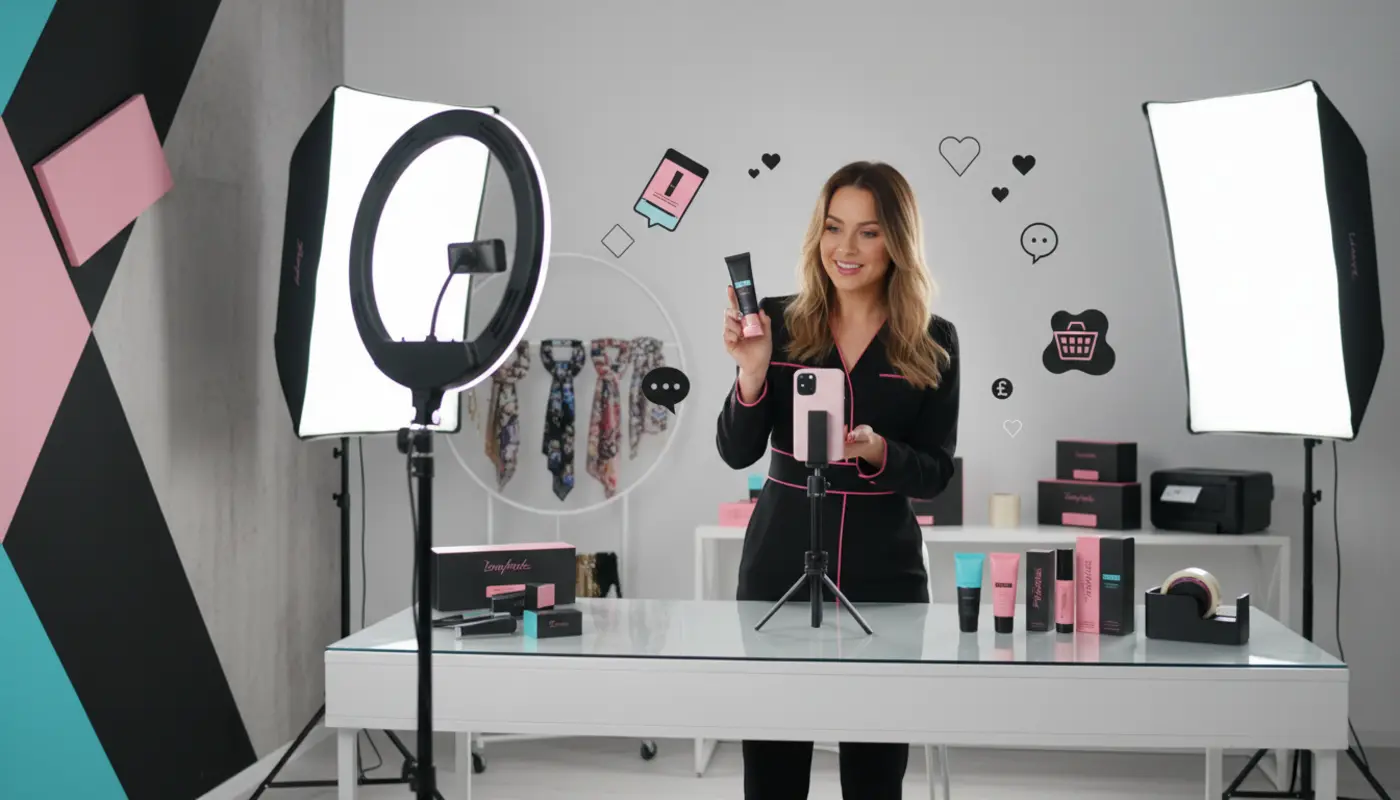 TikTok Shop live host selling products in a clean UK studio