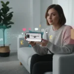 UK shopper using TikTok Shop app with safety icons and risk contrast in a modern home setting.