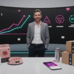 UK TikTok Shop seller reviewing GMV growth dashboard with products and sales icons.