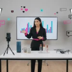 UK TikTok Shop live selling studio with presenter, products and shopping icons.