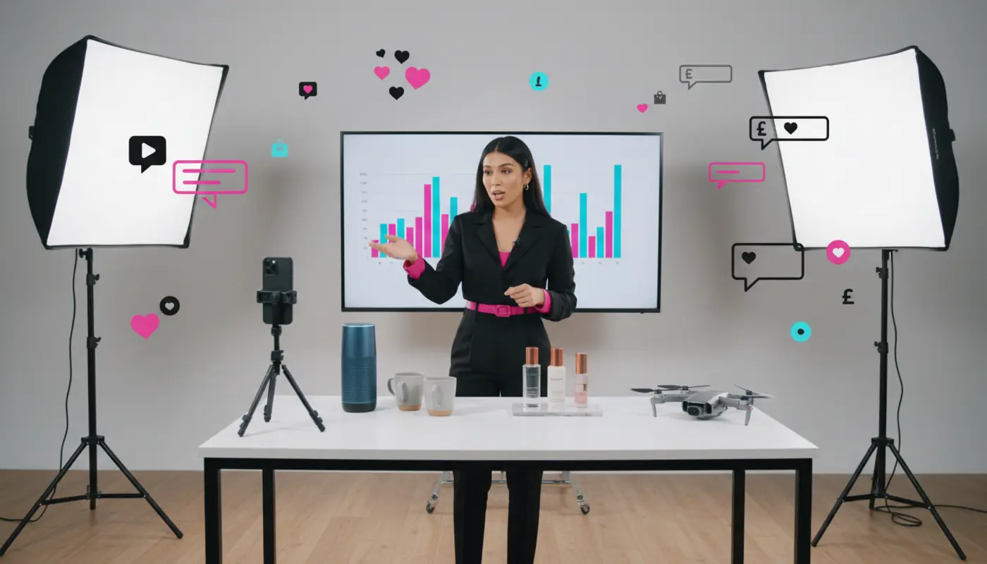 UK TikTok Shop live selling studio with presenter, products and shopping icons.