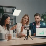 TikTok Shop UK team creating product content with analytics, creators and sales growth visuals in a modern studio.