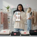 UK shopper browsing affordable fashion on TikTok Shop with clothing racks and £ price tags in a bright studio setting.