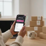UK shopper using TikTok Shop promo code at checkout with savings and social icons visible.