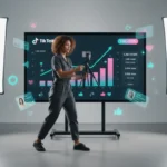 UK TikTok creator filming content in studio with growth analytics and engagement icons showing brand awareness strategy.