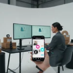 UK TikTok Shop social commerce specialist managing content, products and sales analytics in a modern studio