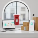 UK TikTok Shop order tracking scene with parcels, smartphone updates and seller fulfilment dashboard.