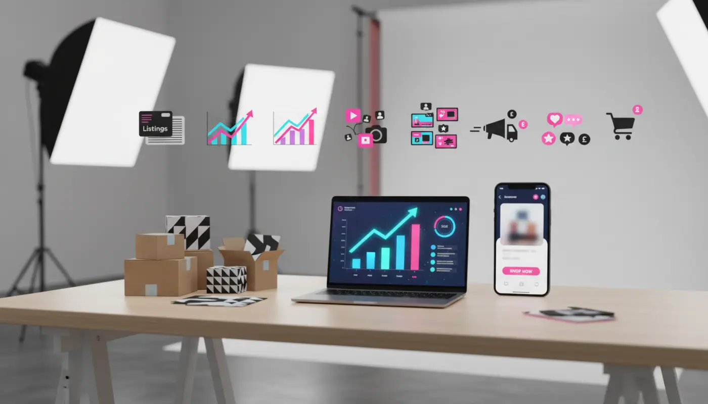 UK TikTok Shop performance dashboard with products, analytics and fulfilment visuals for ecommerce sellers.