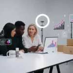 UK TikTok Shop creators planning product demos and sales growth in a modern ecommerce studio.