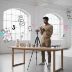 UK TikTok Shop creator filming UGC product demos in a clean studio with shopping and analytics visuals.