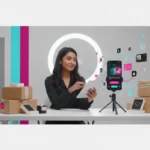 UK TikTok Shop seller managing products and sales in a clean small business studio.