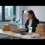 UK TikTok Shop seller reviewing tax records, VAT paperwork and sales reports in a clean studio office
