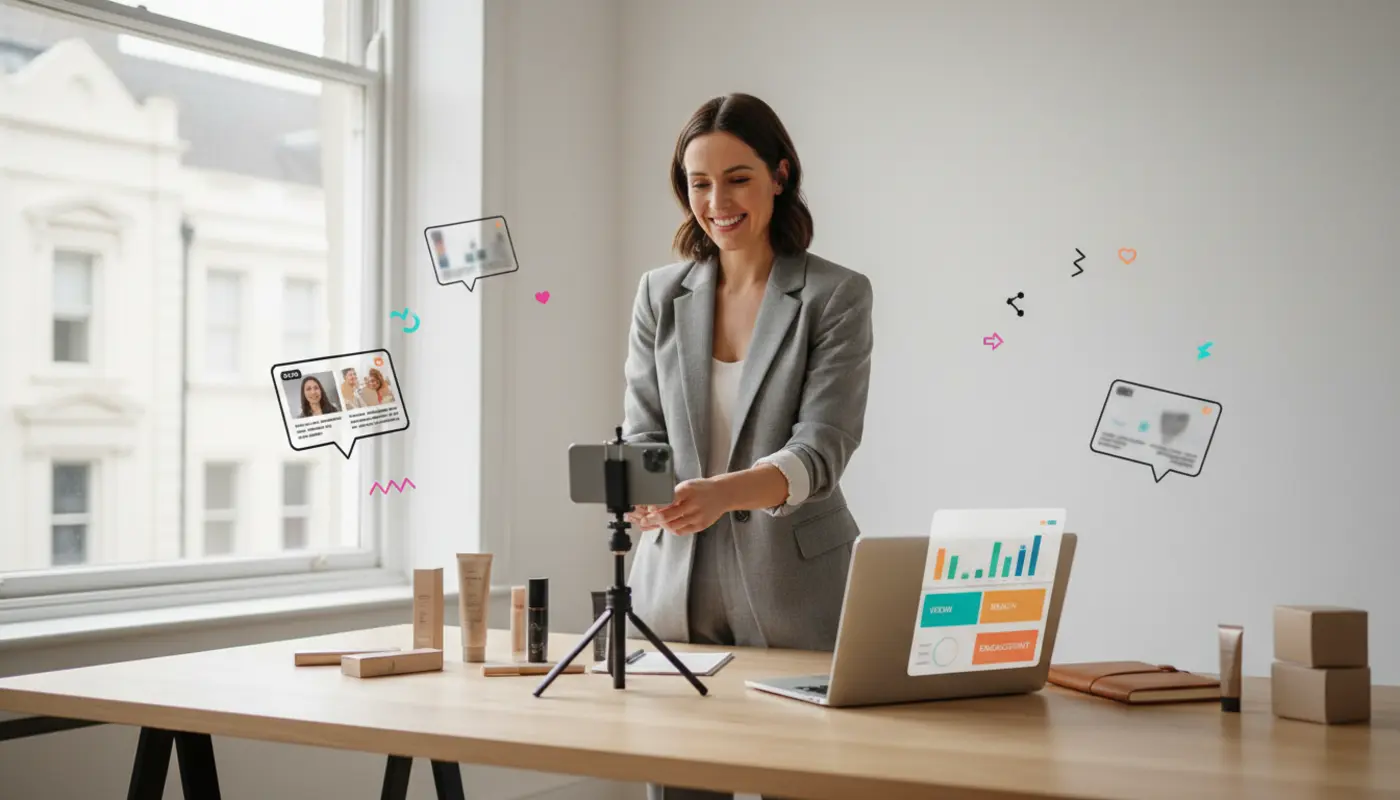 UK small business owner filming TikTok content to build brand awareness in a modern studio