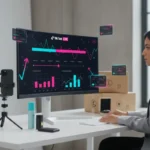 UK TikTok Shop seller reviewing LIVE replay analytics in a bright studio.
