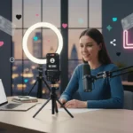 UK TikTok creator preparing to go LIVE with a 1,000 follower milestone in a clean studio.
