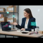 UK TikTok Shop seller reviewing profit analytics in a clean ecommerce studio
