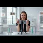 UK TikTok Shop affiliate creator filming product content with sales analytics and shoppable icons.